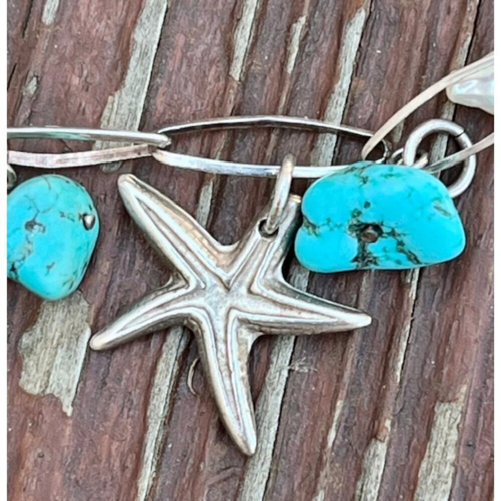 Turquoise Beads Mother Of Pearl with Starfish Charms Silver Bracelet 8" NWOT - Picture 3 of 6